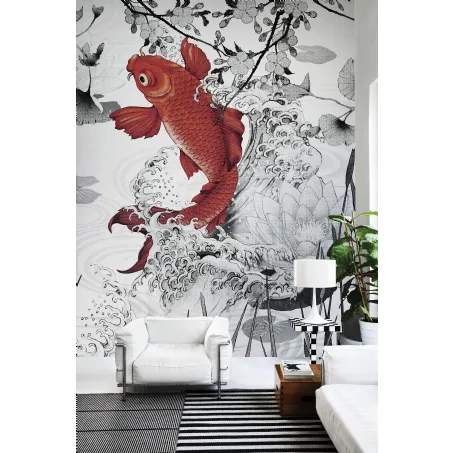 Carta da parati con carpa rossa e sfondo in bianco e nero Koi re-edition di London Art