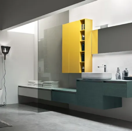 Mobile da Bagno sospeso in Rovere Segale con pensile laccato Giallo opaco Escape 33 di Arcom