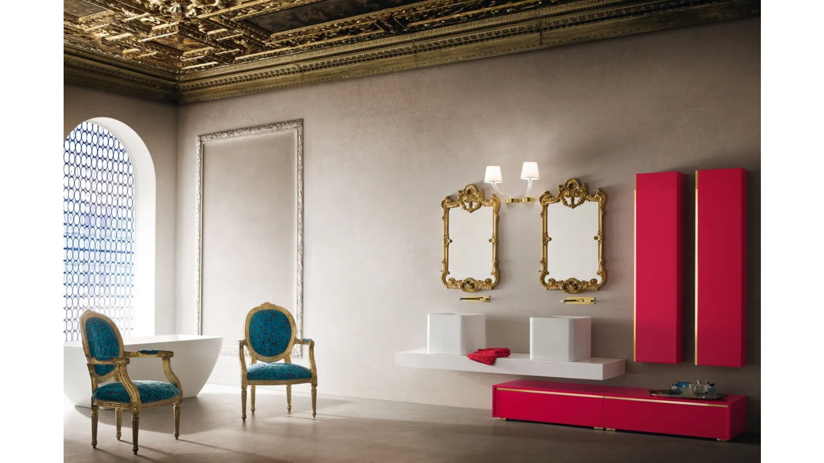 Mobile Bagno da appoggio in laccato lucido con finiture dorate e piano in Mineralguss JACANA LUXURY JA27 di Compab