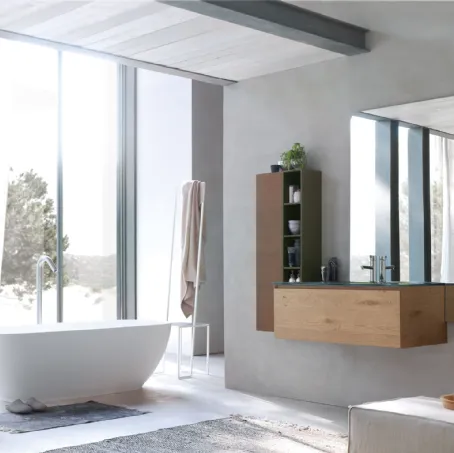 Mobile da Bagno sospeso La Fenice 12 in rovere nodato naturale con top in cristallo extralight Verde bosco con lavabo integrato di Arcom