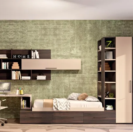 Cameretta moodbook 212 in legno e laccato con scrivania di Ferrimobili