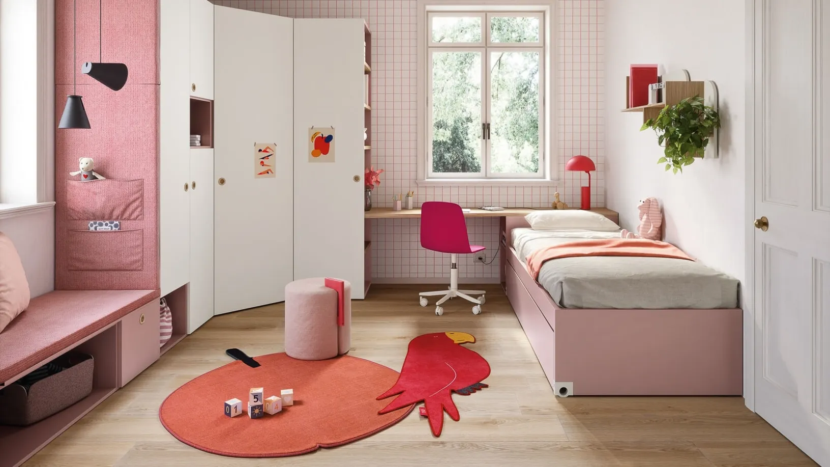 Cameretta con doppio letto, cabina armadio ad angolo e panca divano contenitore Kids space 07 di Nidi