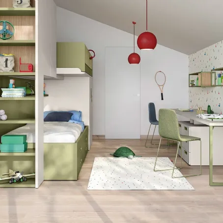 Cameretta a soppalco con scrivania Kids space 17 in melaminico di Nidi