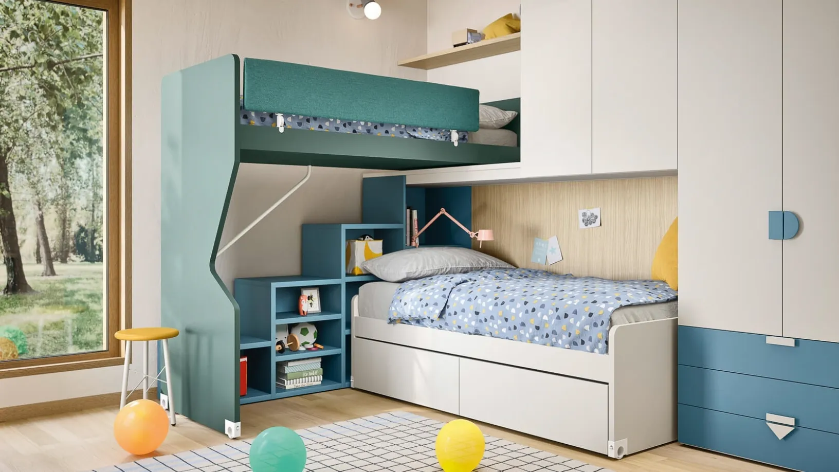 Cameretta a ponte con letto a castello Kids space 19 di Nidi