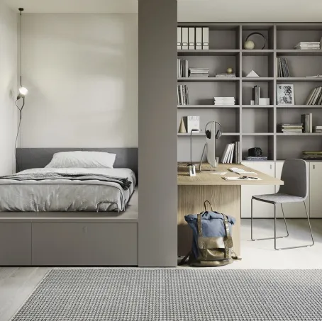 Cameretta componibile con letto su cassettone, scrivania e ampia libreria Next space 02 di Nidi
