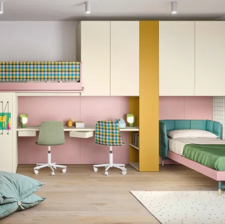 Cameretta in laccato opaco con letto ad angolo e a castello Kids space 16 di Nidi
