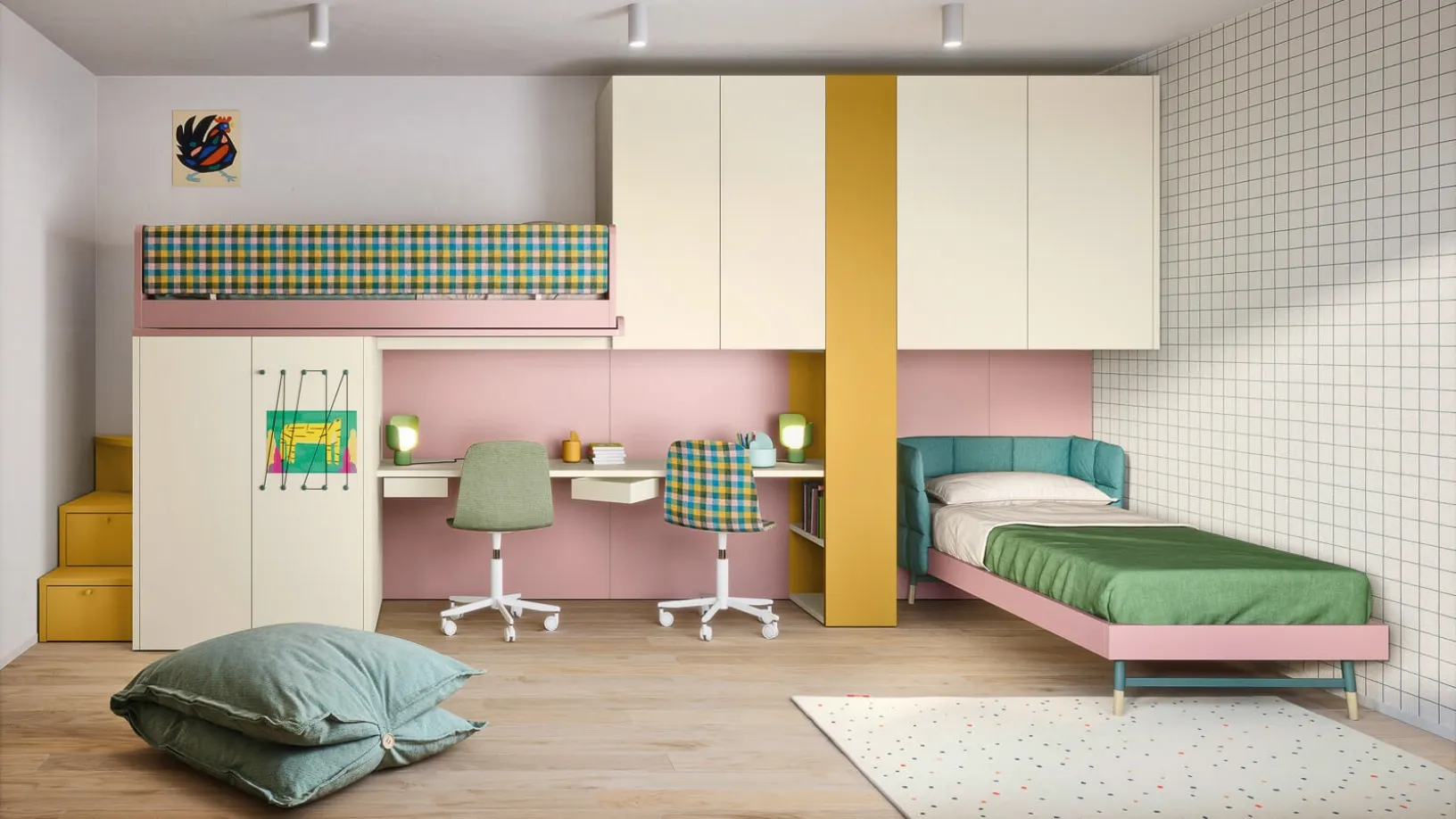 Cameretta in laccato opaco con letto ad angolo e a castello Kids space 16 di Nidi