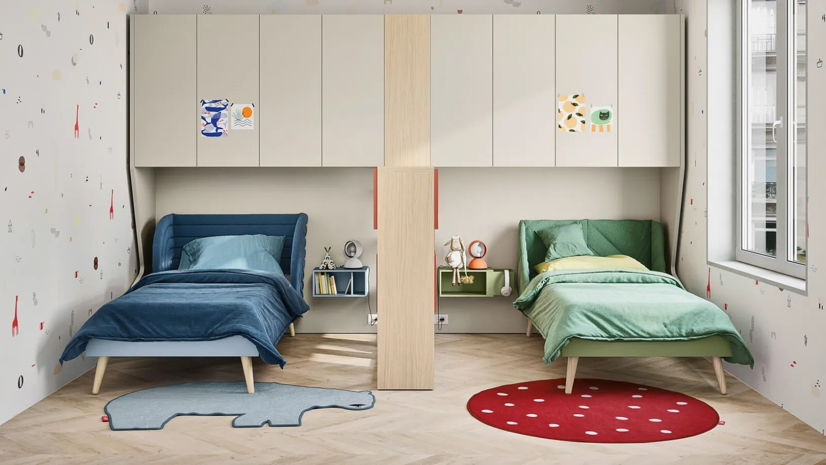 Cameretta con 2 letti su armadiatura a ponte con libreria separè Kids space 22 di Nidi