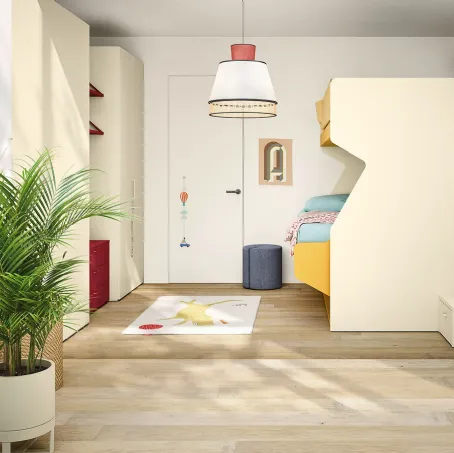 Cameretta in laccato opaco a vari colori con 2 letti a castello Kids space 30 di Nidi
