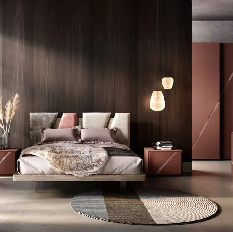 Letto in legno con testiera con elementi in pelle imbottita L01 Altair Pad e Alfa di Mercantini