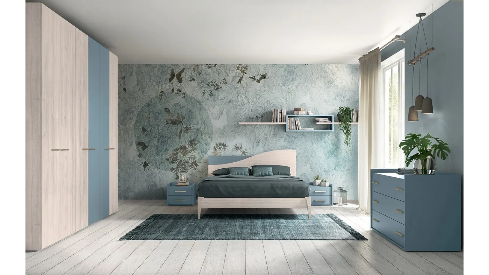Letto Volo Sunrise con giroletto Manny finitura Ciliegio bianco e Cadaques di Colombini Casa