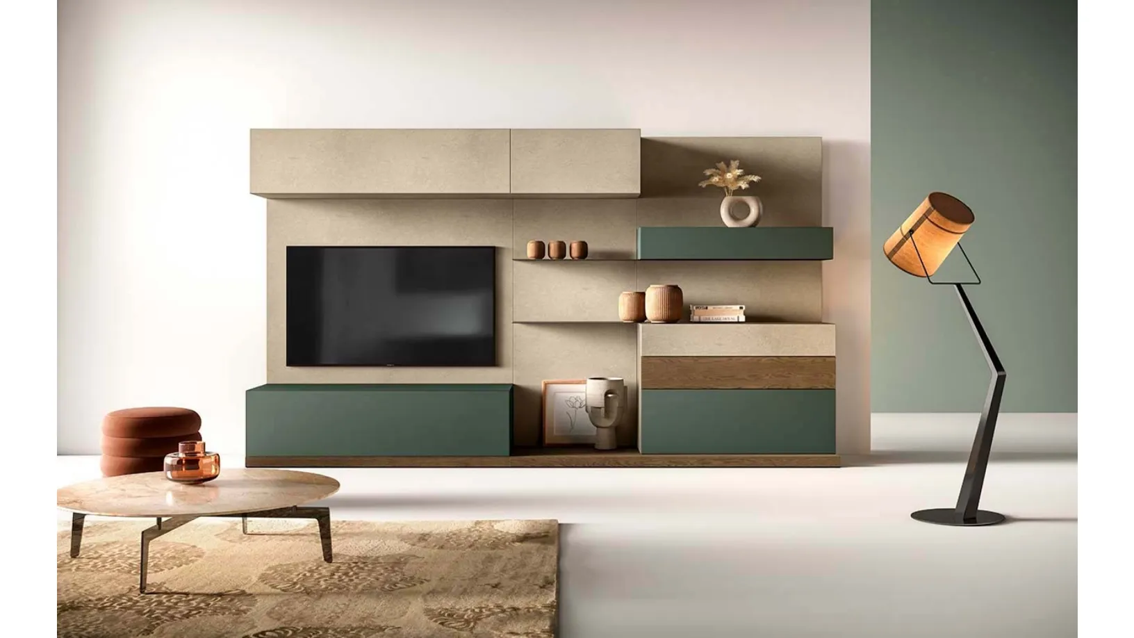 Parete Attrezzata Kosmos KC106 in laccato opaco e legno di Mercantini