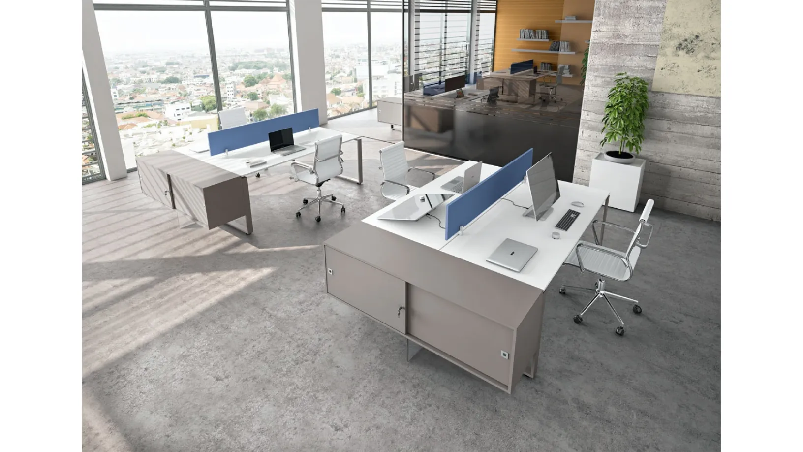 Scrivania Operativa Loft 03 in laccato bianco con separè azzurro e cassettiere in metallo di Colombini Office