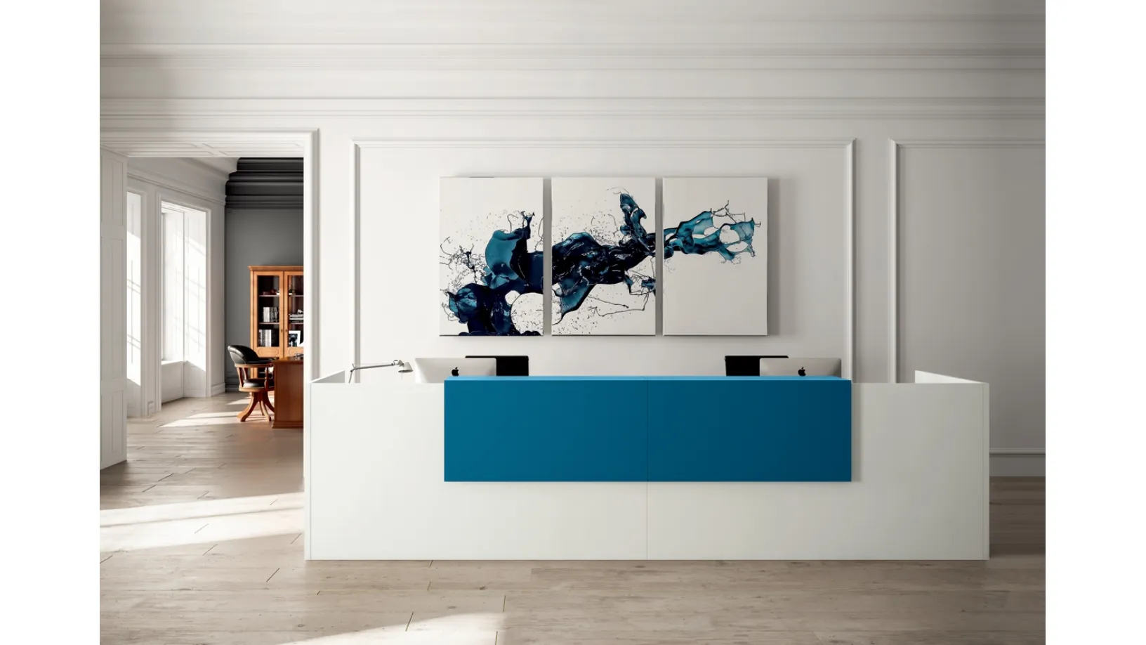 Bancone Reception COLOR 04 in laccato opaco bianco e azzurro di Colombini Office