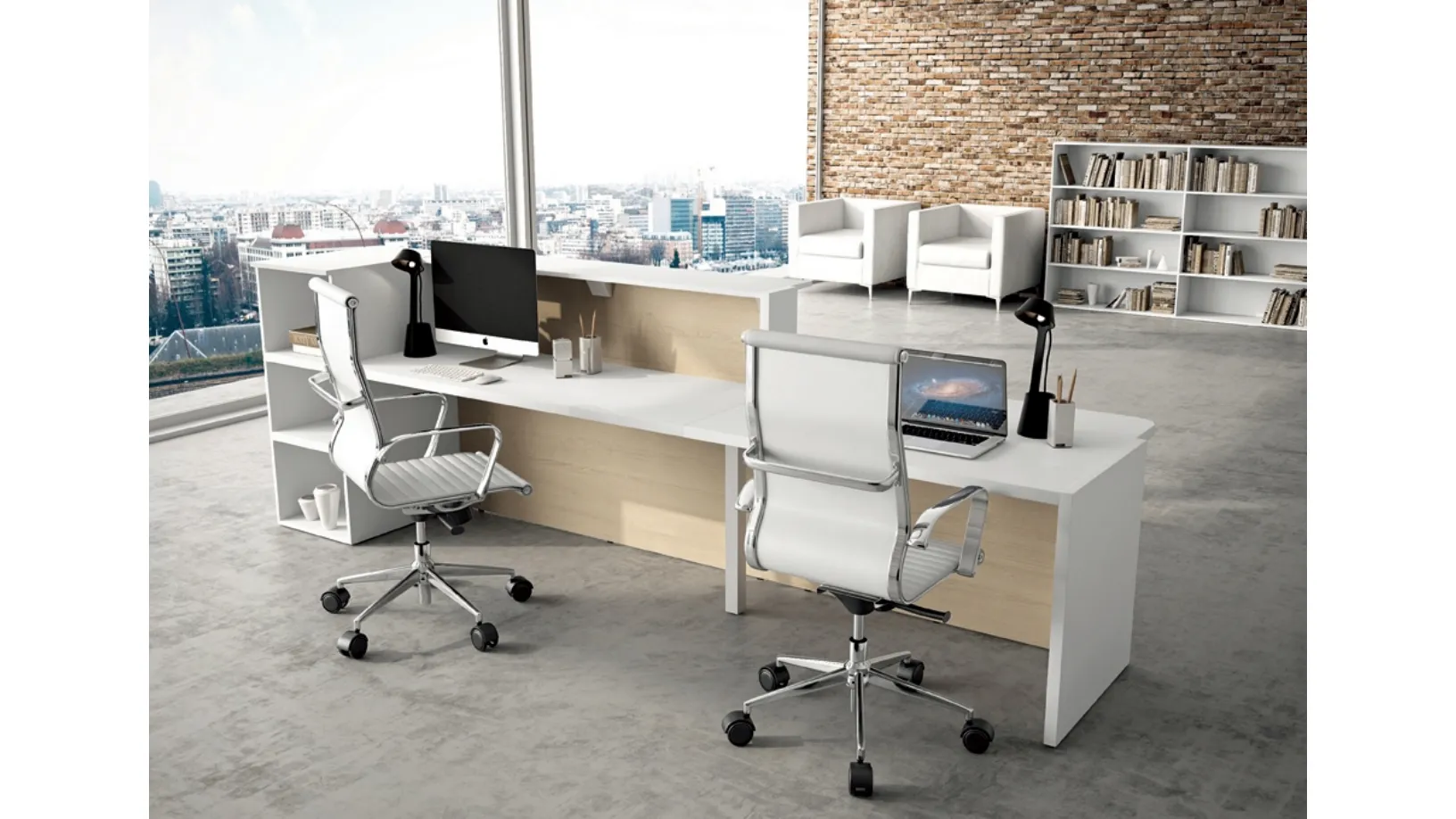 Bancone Reception con due postazioni GET 04 in laccato bianco opaco e melaminico di Colombini Office